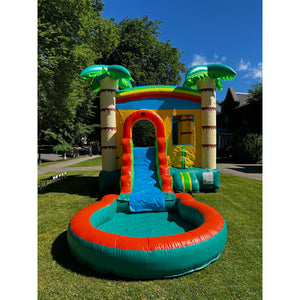 tropical-palm-bounce-house-and-single-slide-with-pool